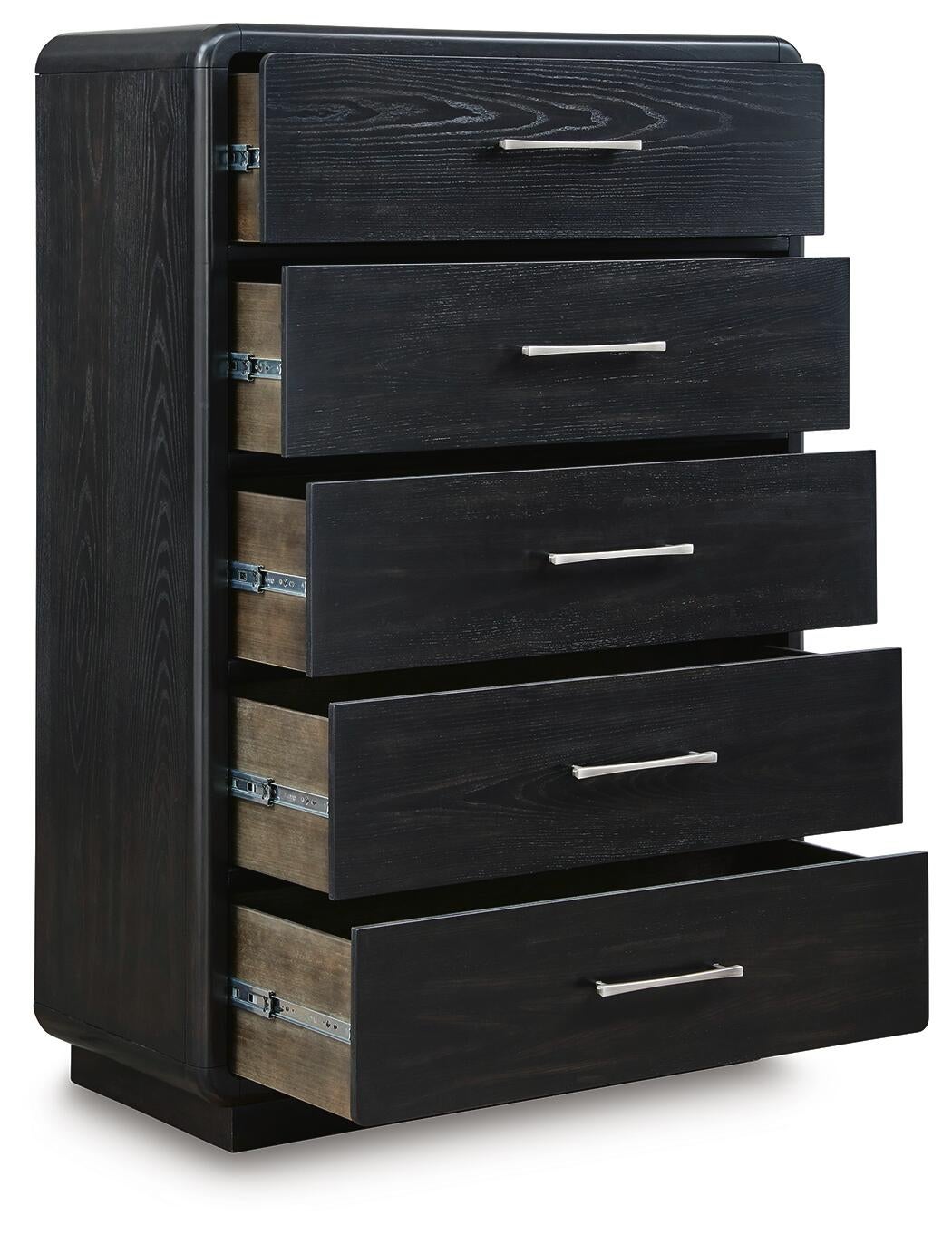 Rowanbeck King Upholstered Panel Bed, Dresser, Mirror, Chest and Nightstand