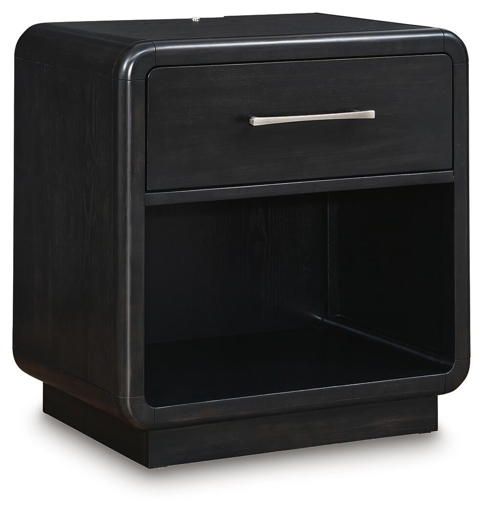 Rowanbeck King Upholstered Panel Bed, Dresser, Mirror, Chest and Nightstand