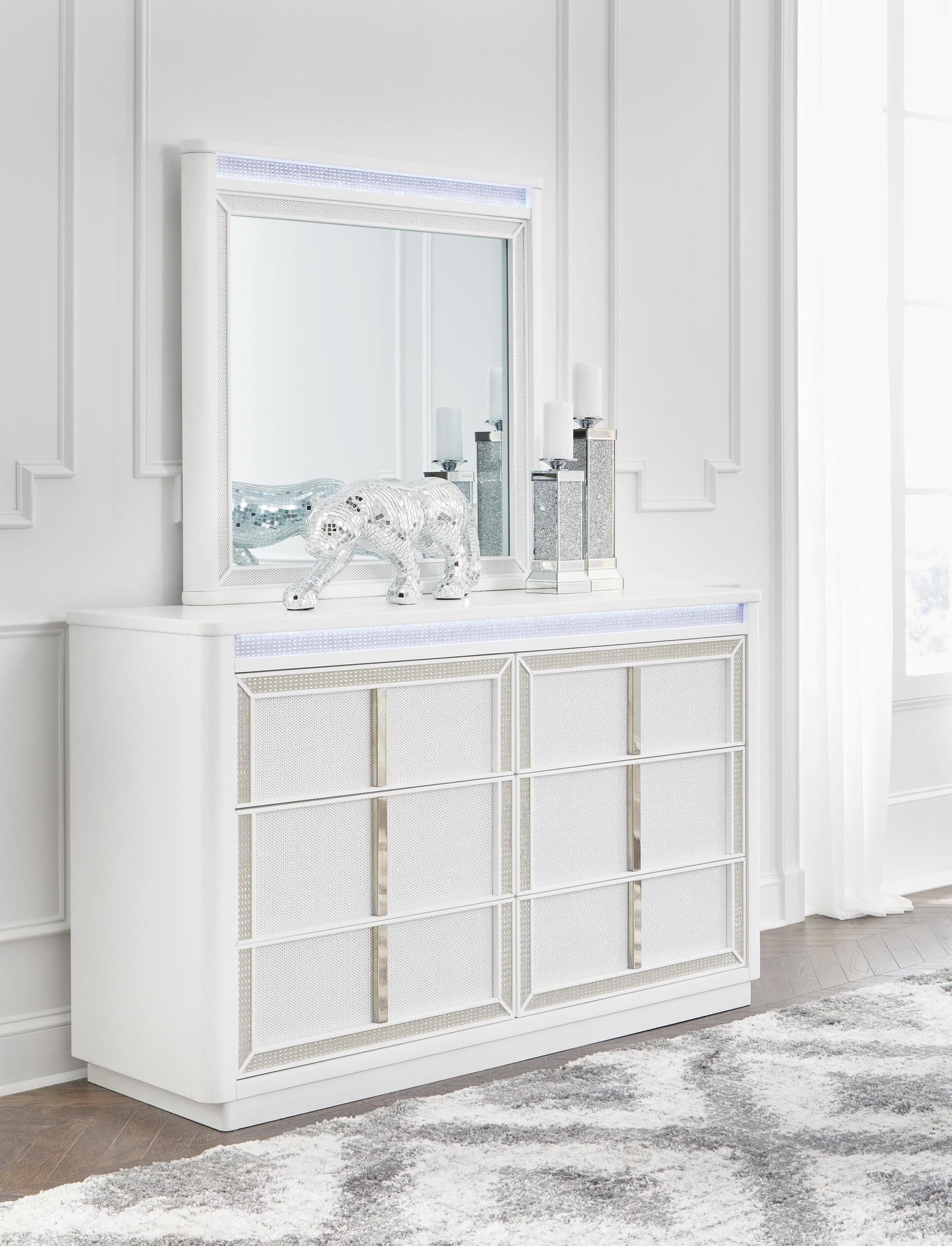 Chalanna Queen Upholstered Storage Bed, Dresser, Mirror, Chest and Nightstand