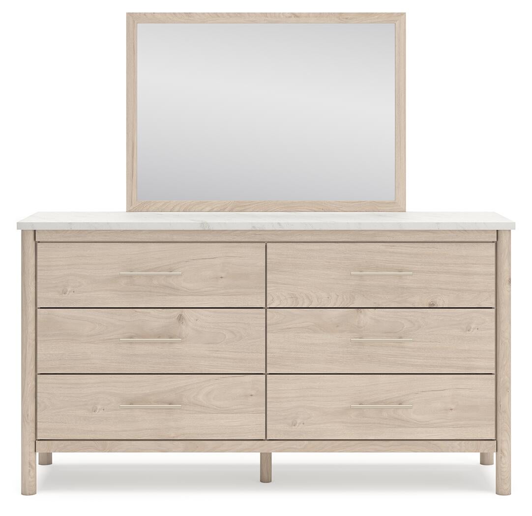 Cadmori Queen Upholstered Panel Bed with Mirrored Dresser and Nightstand