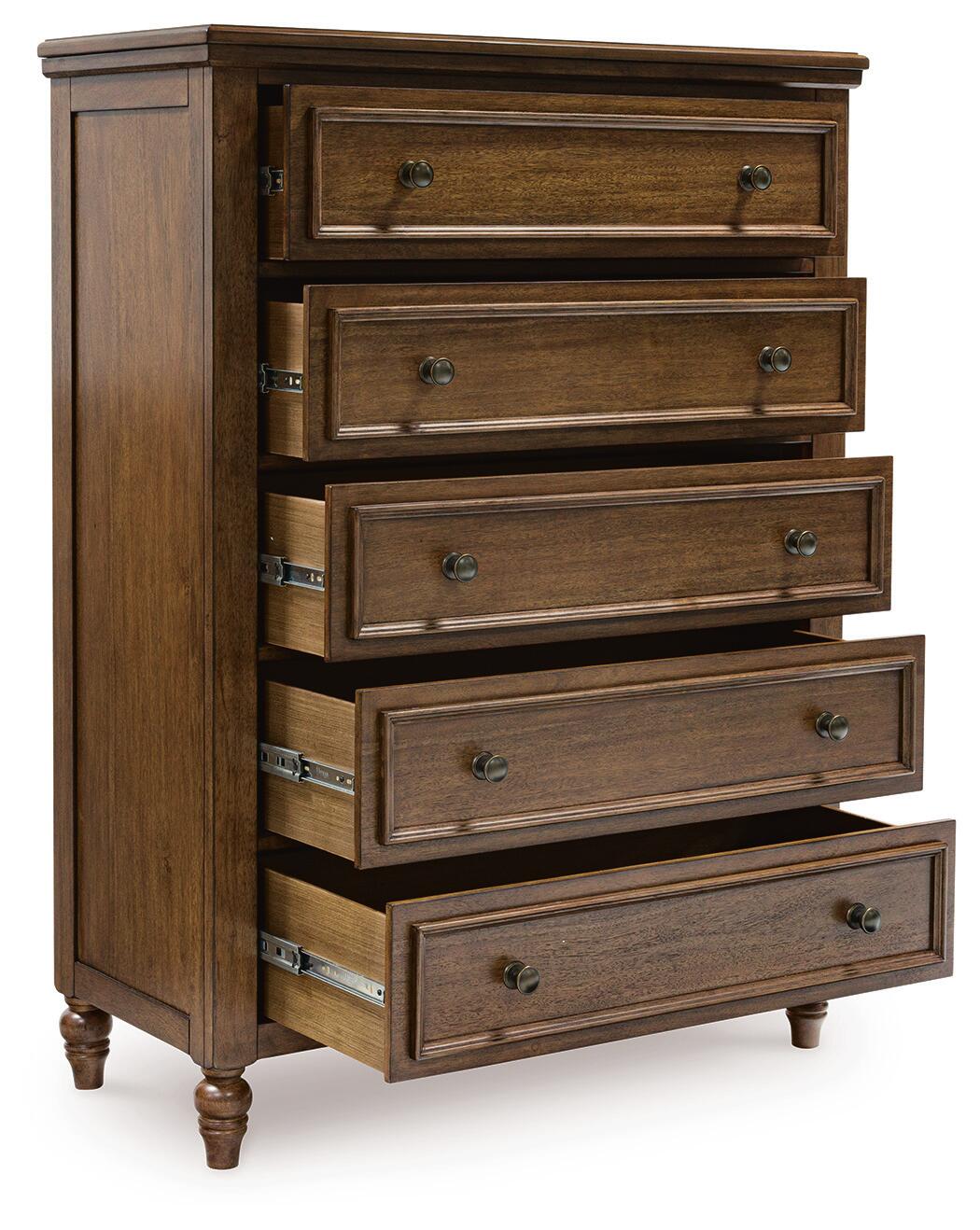 Sturlayne King Upholstered Panel Bed, Dresser, Mirror, Chest and Nightstand