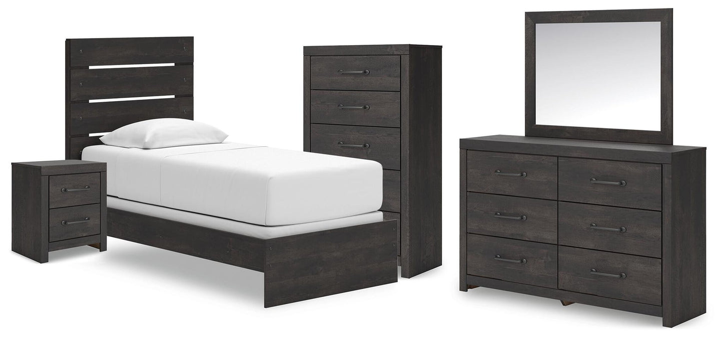 Delmorta Twin Panel Bed, Dresser, Mirror, Chest and Nightstand
