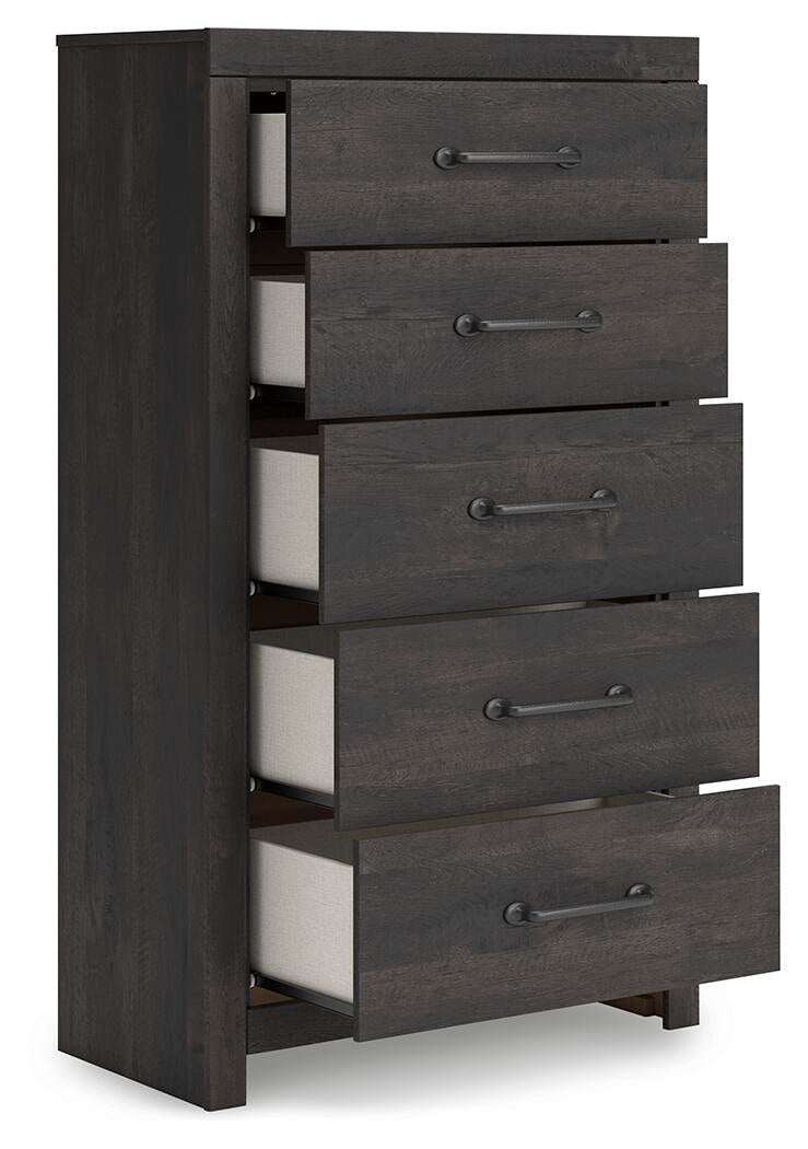 Delmorta Queen Panel Bed, Dresser, Mirror, Chest and Nightstand
