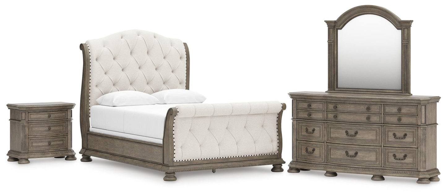 Ardenfield Queen Upholstered Sleigh Bed, Dresser, Mirror and Nightstand