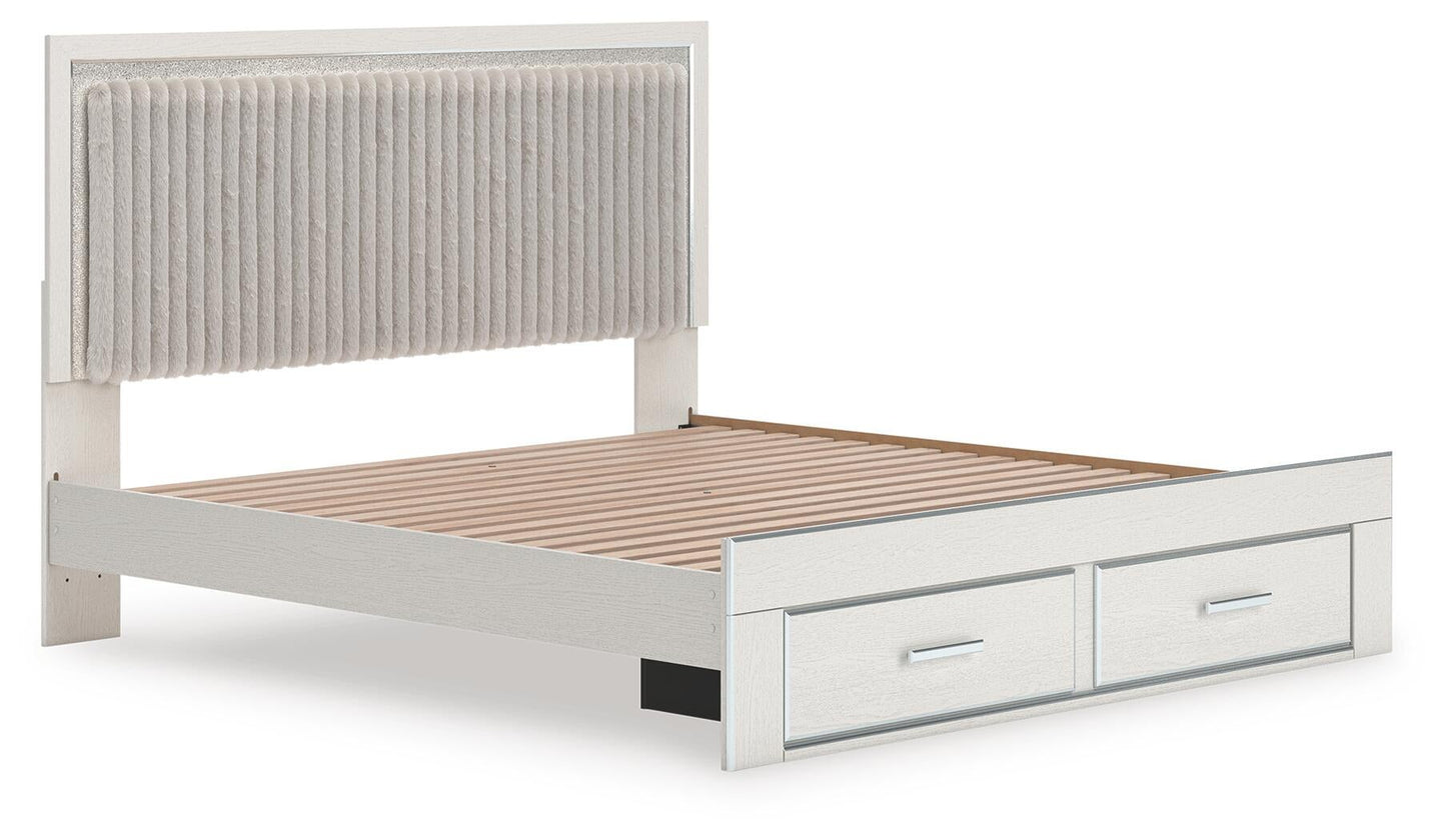 Birmonton King Upholstered Panel Platform Storage Bed, Dresser and Mirror
