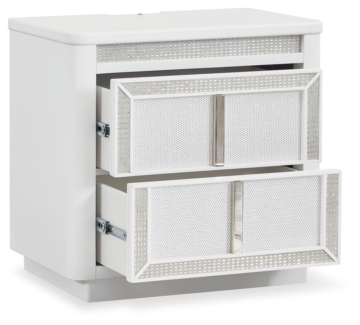 Chalanna California King Upholstered Storage Bed, Dresser, Mirror and Nightstand