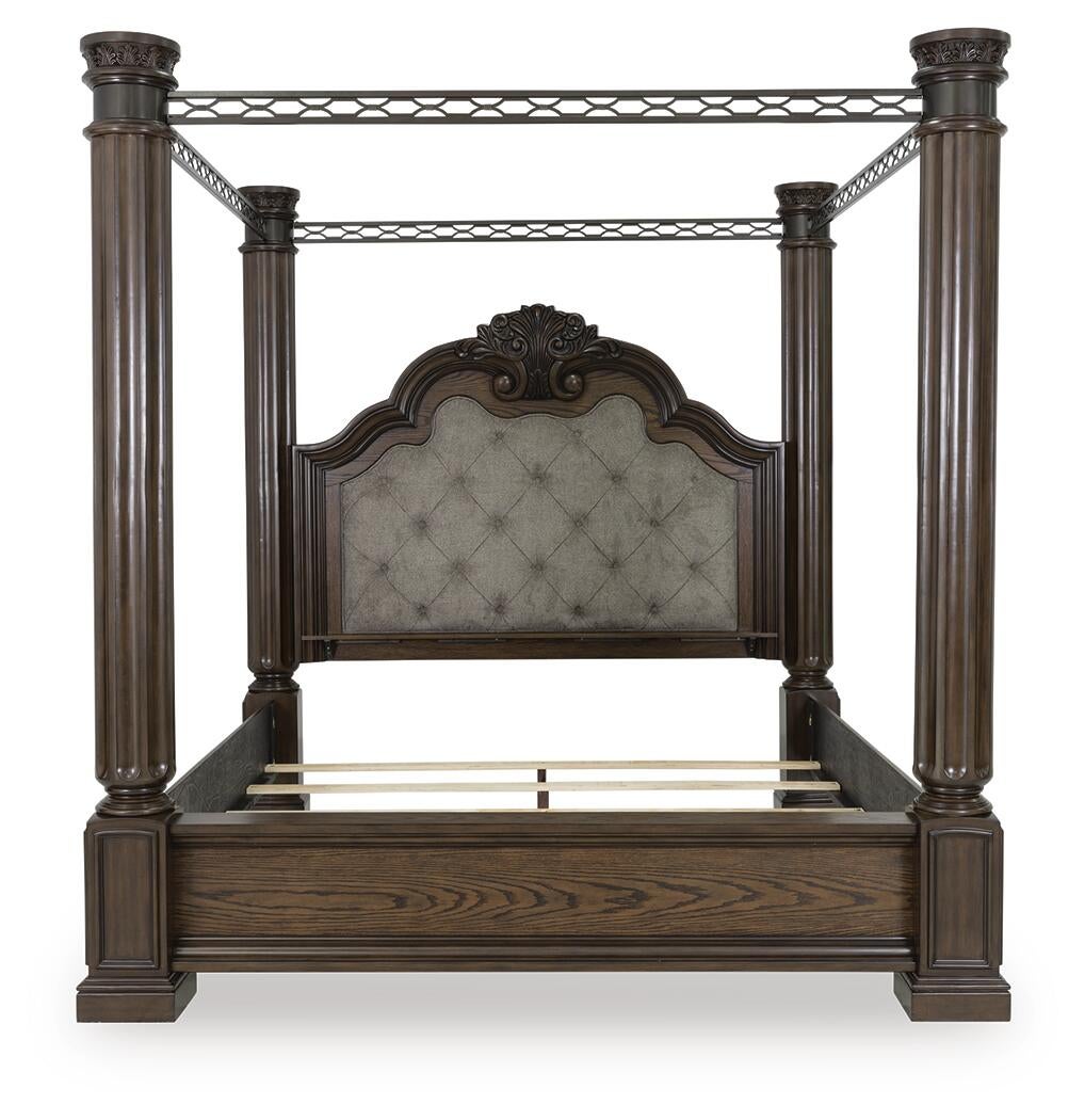 Maylee California King Canopy Bed, Dresser, Mirror, Chest and Nightstand