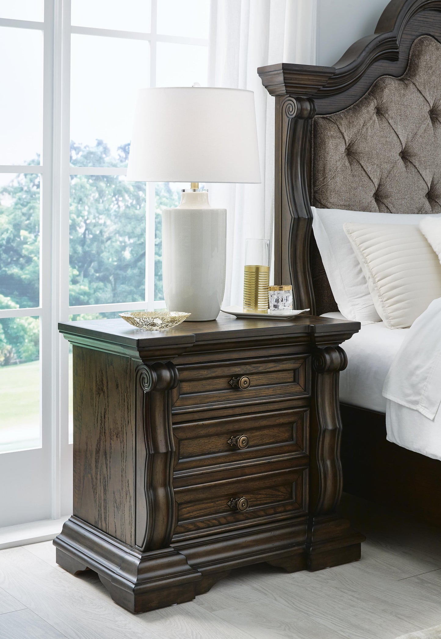 Maylee California King Canopy Bed, Dresser, Mirror, Chest and Nightstand