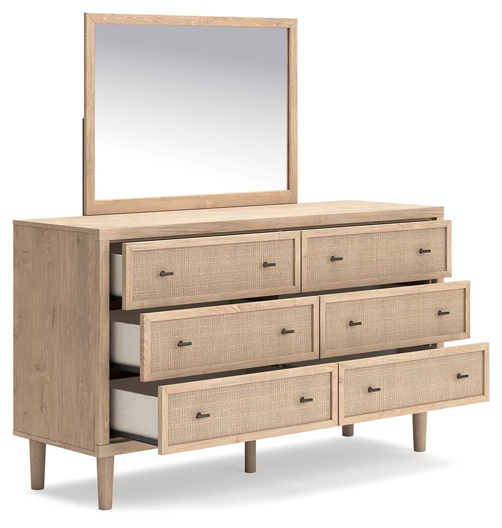 Cielden Queen Upholstered Bed with Roll Slats, Dresser, Mirror and Nightstand