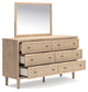 Cielden Queen Upholstered Bed with Roll Slats, Dresser, Mirror and Nightstand