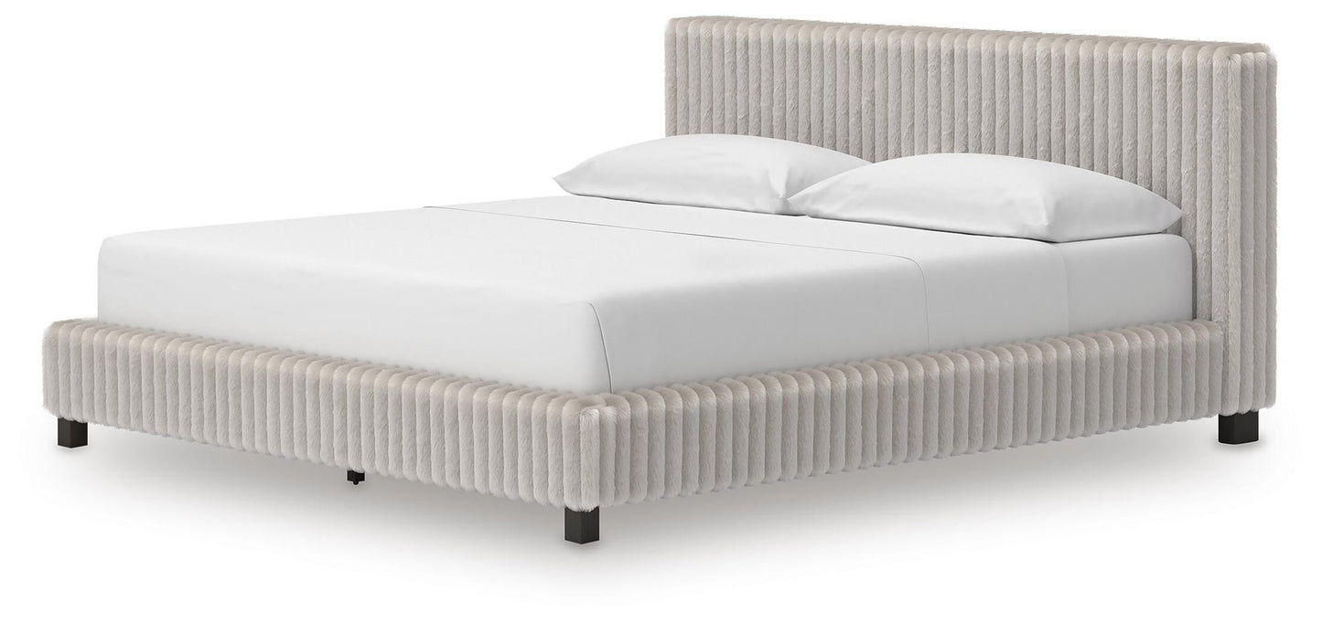 Birmonton California King Upholstered Bed, Dresser, Mirror and Nightstand