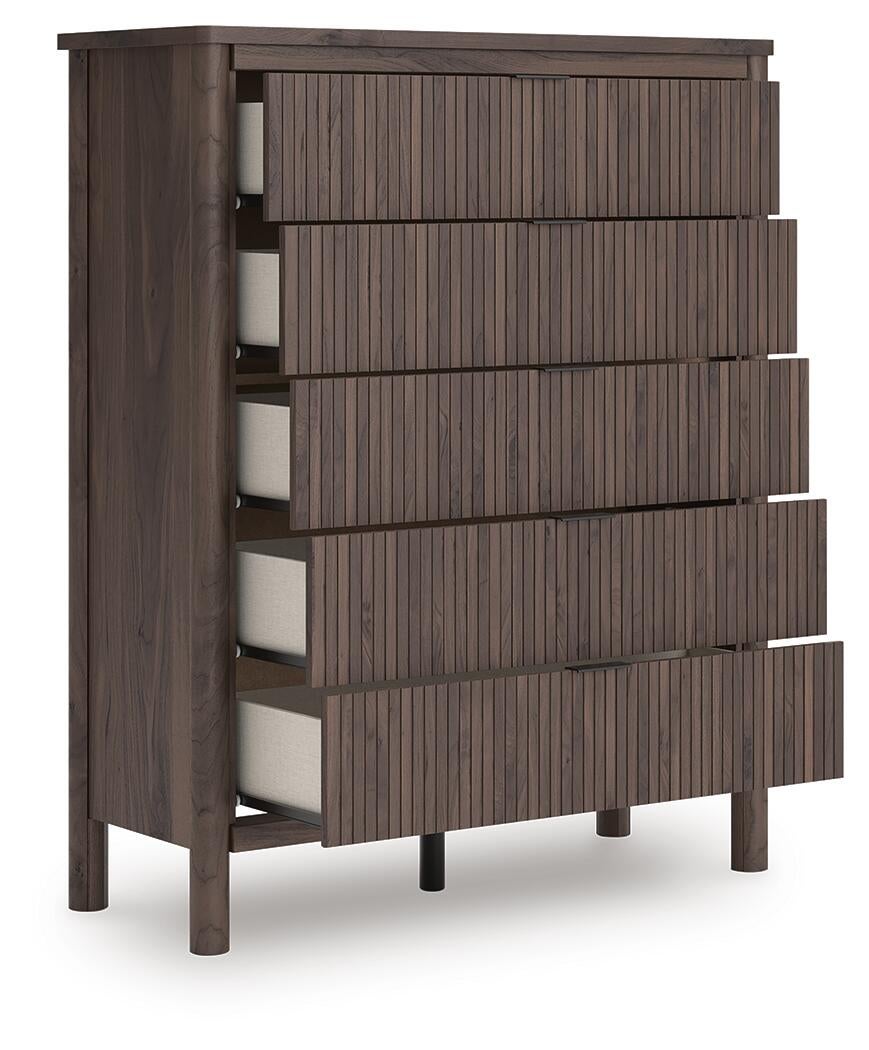 Cadmori Queen Upholstered Panel Platform Bed, Dresser, Mirror, Chest and Nightstand