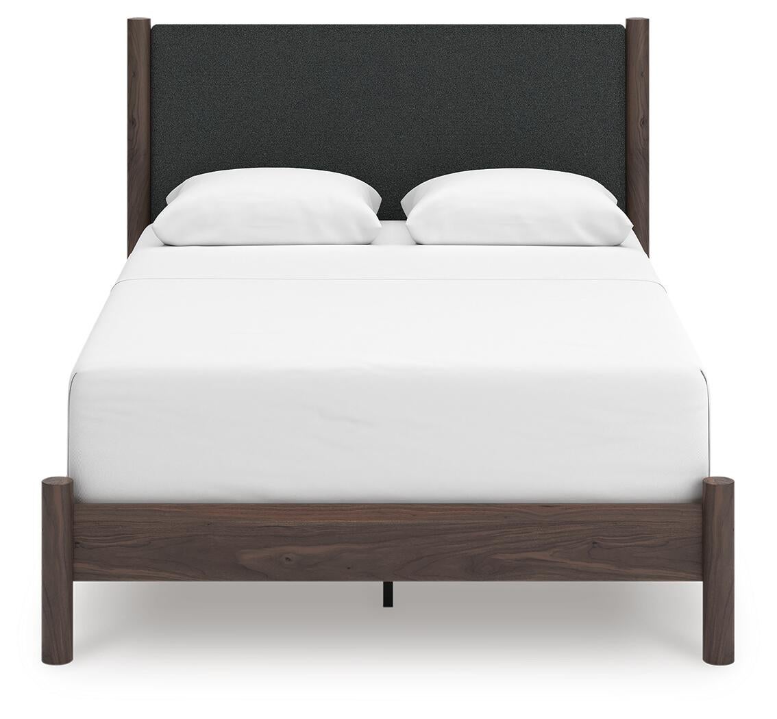 Cadmori Queen Upholstered Panel Bed, Dresser, Mirror and Nightstand