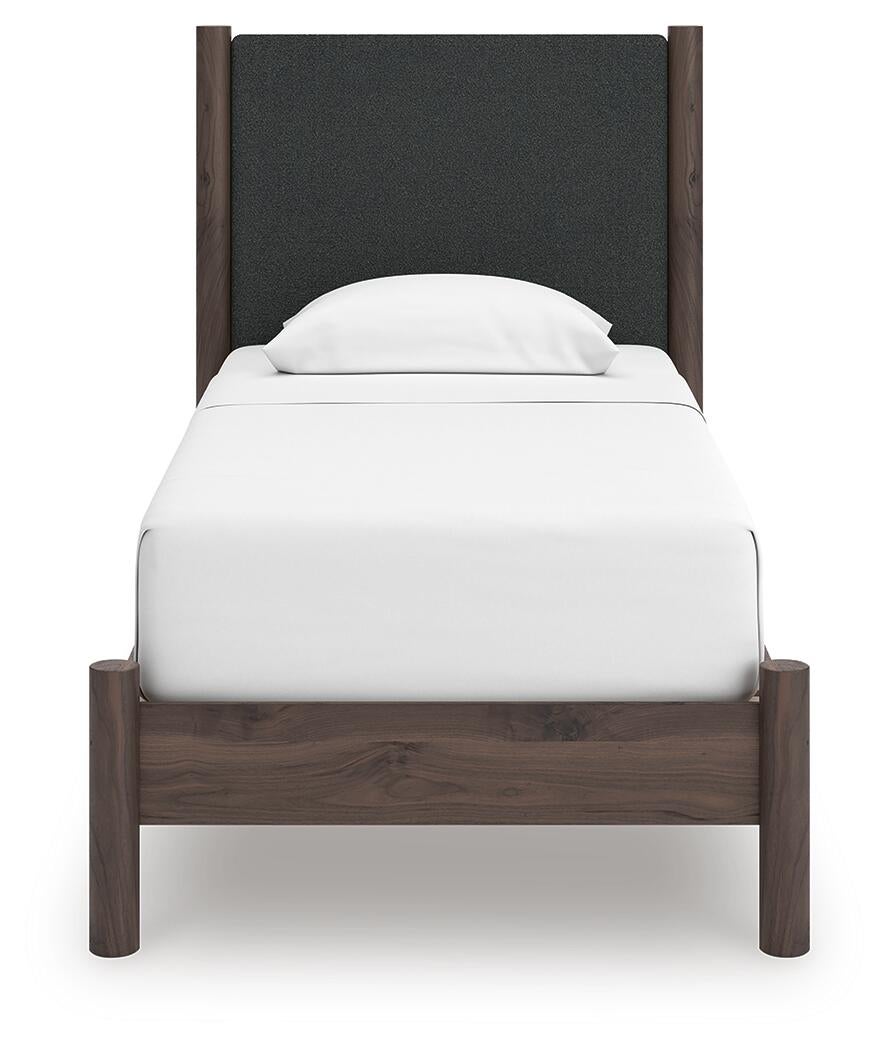 Cadmori Twin Upholstered Panel Platform Bed, Dresser, Mirror, Chest and Nightstand