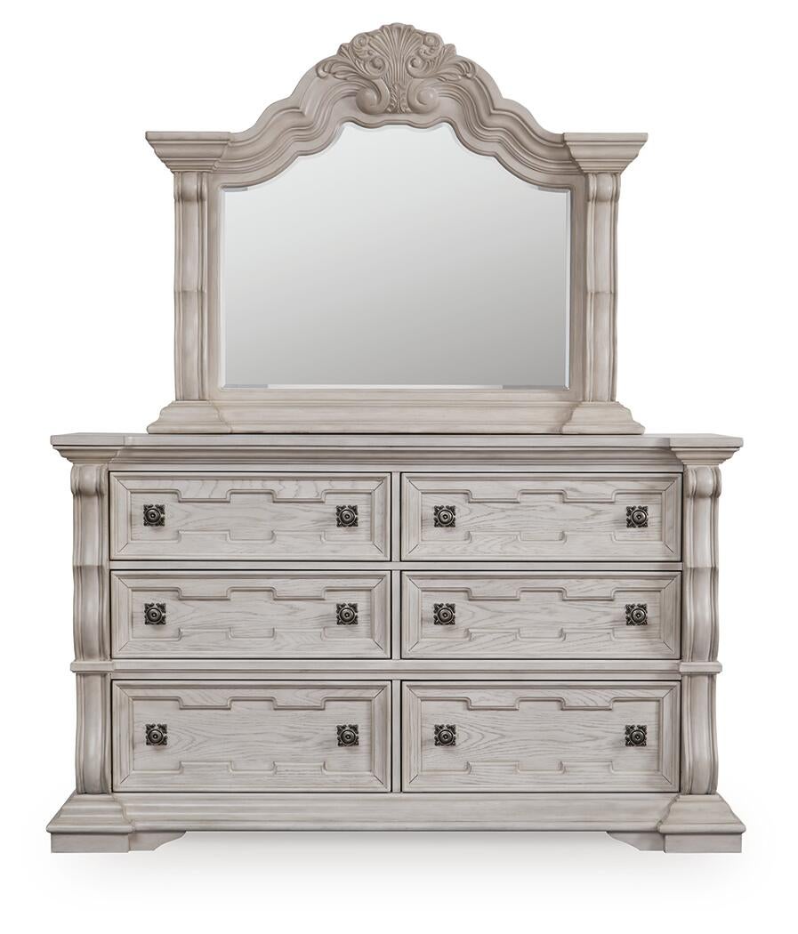 Andonhall California King Upholstered Panel Bed with Mirrored Dresser